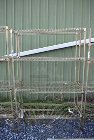 Gold Finish 4 Tier Wire Shelving Unit. BUYER MUST DISMANTLE. PCI CANNOT DISMANTLE FOR SHIPPING. PLEASE CONSIDER FREIGHT CHARGES. 48x21x75