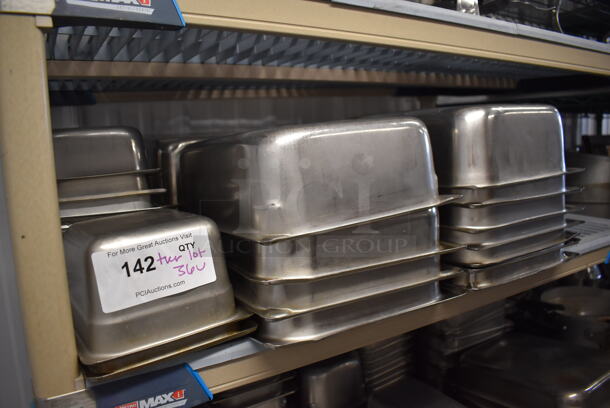 ALL ONE MONEY! Tier Lot of 36 Various Stainless Steel Drop In Bins. Includes  1/6x4, 1/6x6, 1/2x4