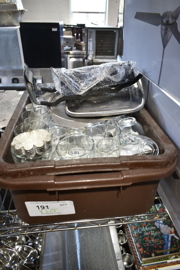 ALL ONE MONEY! Lot of Brown Bus Bin w/ Contents Including Glasses and Metal Muffin Tins - Image 1 of 5