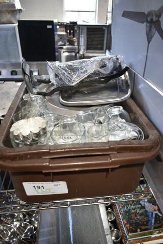 ALL ONE MONEY! Lot of Brown Bus Bin w/ Contents Including Glasses and Metal Muffin Tins