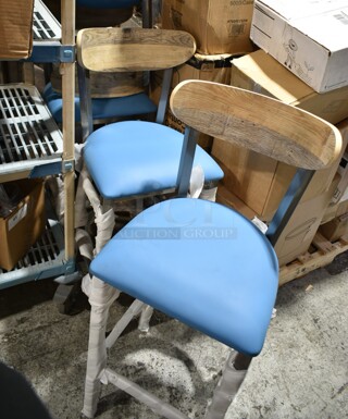 4 BRAND NEW SCRATCH AND DENT! Lancaster Table & Seating Metal Bar Height Chairs w/ Blue Seat and Wooden Back Rest. 4 Times Your Bid!
