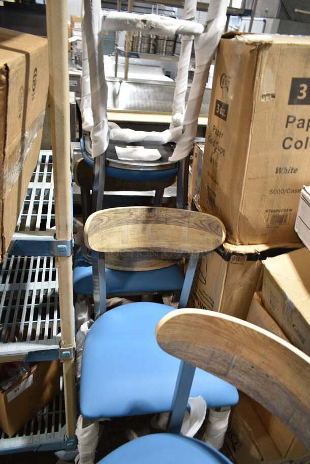 4 BRAND NEW SCRATCH AND DENT! Lancaster Table & Seating Metal Bar Height Chairs w/ Blue Seat and Wooden Back Rest. 4 Times Your Bid! - Image 4 of 4