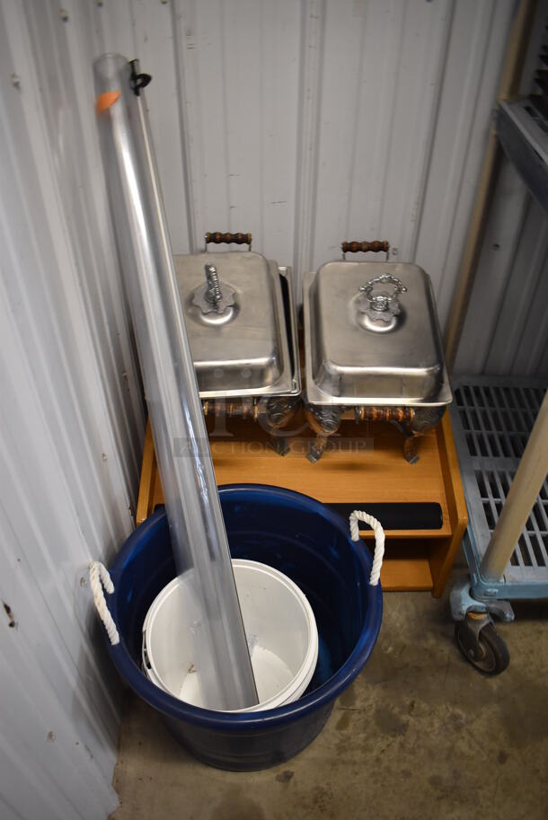 ALL ONE MONEY! Lot of Various Items Including Wood Pattern Podium, Blue Bucket and 2 Metal Chafing Dishes - Image 2 of 4