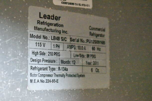 Leader LB48 S/C Stainless Steel Commercial 2 Door Undercounter Cooler on Commercial Casters. 115 Volts, 1 Phase. Tested and Working! - Image 6 of 6