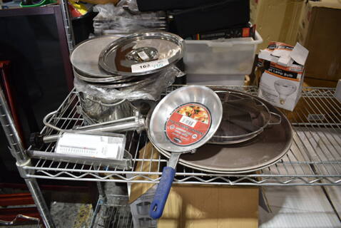 ALL ONE MONEY! Lot of Various BRAND NEW! Items Including Metal Skillet, Round Lid, Serving Trays, Round Lids. 