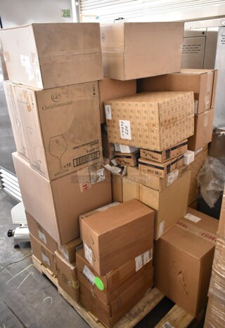 PALLET LOT of 40 BRAND NEW Boxes Including FJ037 Cabernet Wine Glasses, Rosenthal Sambonet 10304228 Dishes, 10192552 Cocktail Glasses, CSFP10 Frying Pans, CSS-6507 Fry Pans, DX430061 Heritage Stackable Cranberry Bowl, 2 Box Steelite HL15400 Platter Oval Dish, 10273860 Tortilla Warmer, 10301028 Blonde Serving Tray, Sambonet Glasses, RVPC1131 Dishes, 3 Box Pasabahce Glasses, GI Metal AC-APM Pizza Peel Holder, Carlisle 604460 Spoons, RAK Porcelain 1000002T Wine Glasses. 40 Times Your Bid!