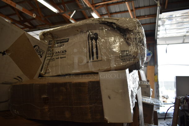 PALLET LOT of 32 BRAND NEW Boxes Including 612D3COMP Choice 8 1/2"x 6 3/8" 3-Compartment Oblong Foil Take-Out Container with Board Lid - 250/Case, 795PTOKFT3 Choice Kraft Microwavable Folded Paper #3 Take-Out Container 7 3/4" x 5 1/2" x 2 1/2" - 200/Case, 5008W Choice 8 oz. Tall White Poly Paper Hot Cup - 1000/Case, 2 Box Dart Foam Hinged Lid Containers, 164TBHRDWR8 Lancaster Table & Seating 12 Piece Floor Glide and Screw Table Base Hardware Kit, 5012433M1 Lavex Li'l Herc 12-16 Gallon 0.9 Mil 24" x 32" Low Density Medium-Duty Black Can Liner / Trash Bag - 250/Case, 394385L Noble Products White Powder-Free Disposable Latex Gloves for Foodservice - Large - 1000/Case, 760PCC05W Choice 5 oz. White Poly Paper Cold Cup - 3000/Case, 126MF883B3C Ecopax 8" x 8" 3-Compartment Microwaveable Black Mineral-Filled Plastic Hinged Take-Out Container - 150/Case. 32 Times Your Bid! - Image 3 of 10