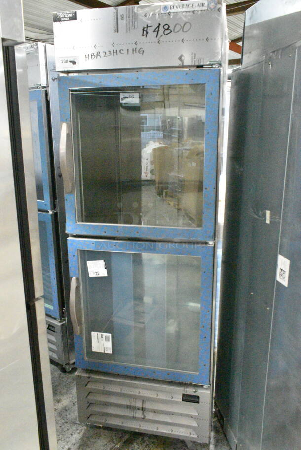 BRAND NEW SCRATCH AND DENT! Beverage Air HBR23HC-1-HG-003 Stainless Steel Commercial 2 Half Size Door Reach In Cooler Merchandiser on Commercial Casters. 115 Volts, 1 Phase. Tested and Working! - Image 2 of 8