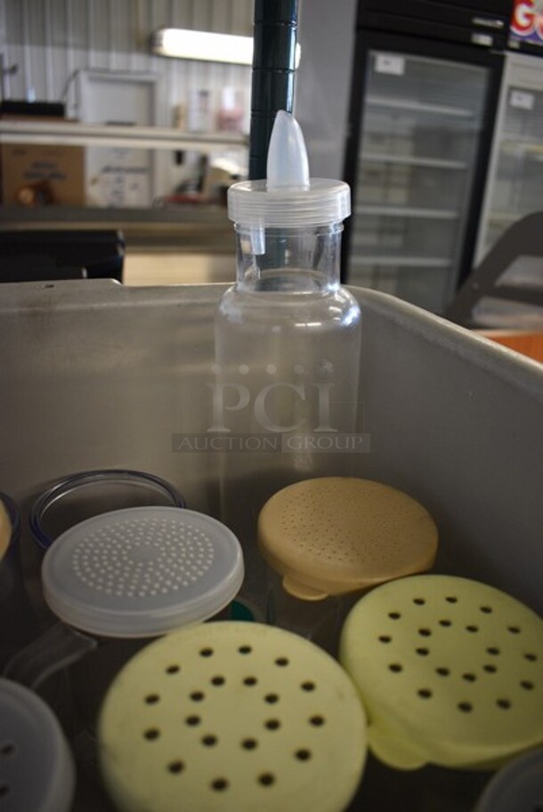 ALL ONE MONEY! Lot of Various Poly and Metal Shakers, Replacement Lids and Poly Oil Container in Gray Poly Bus Bin. Includes 4x3x4. - Image 4 of 5