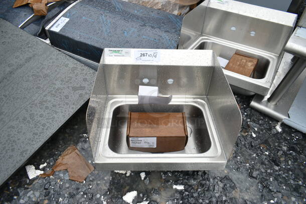 2 BRAND NEW SCRATCH AND DENT! Regency  600HS17SP 17" x 15" Wall-Mounted Hand Sink with Gooseneck Faucet and Side Splash. 2 Times Your Bid!  - Image 3 of 10