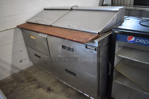 Delfield Stainless Steel Commercial Sandwich Salad Prep Table Bain Marie Mega Top w/ 4 Drawers and Cutting Board on Commercial Casters. 115 Volts, 1 Phase. 64x36x45. Tested and Powers On But Does Not Get Cold