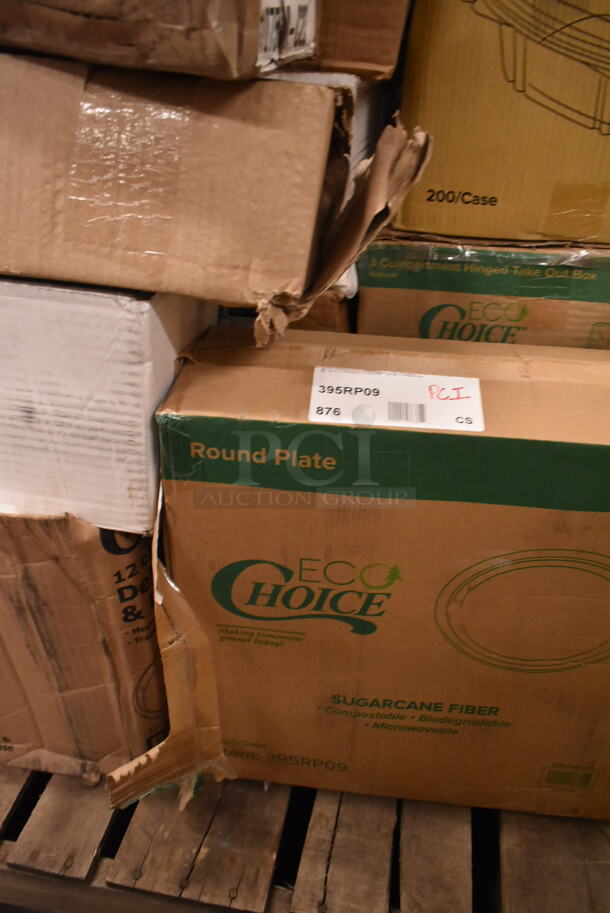 PALLET LOT of 30 BRAND NEW Boxes Including 600TWMS1648 16" x 48" Stainless Steel Tubular Wall Mounted Shelf, 500CC9 Choice 9 oz. Clear PET Customizable Plastic Squat Cold Cup - 1000/Case, 500TO883 Choice 8" x 8" x 3" Microwaveable 1-Compartment Black / Clear Plastic Hinged Container - 100/Case, CHoice 12 oz Deli Container, 12 oz Foam Bowls, 5013339XXH Lavex Pro 33 Gallon 2.5 Mil 33" x 39" Low Density Heavy-Duty Industrial Contractor Black Trash Bag Can Liner - 100/Case, 395RP09 EcoChoice Compostable Sugarcane / Bagasse 9" Plate - 500/Case, 127CH32F Choice 32 oz. Clear RPET Tall Hinged Deli Container with Domed Lid - 200/Case, Choice 8 Quart Full Size Folding Chafer. 30 Times Your Bid! - Image 8 of 12