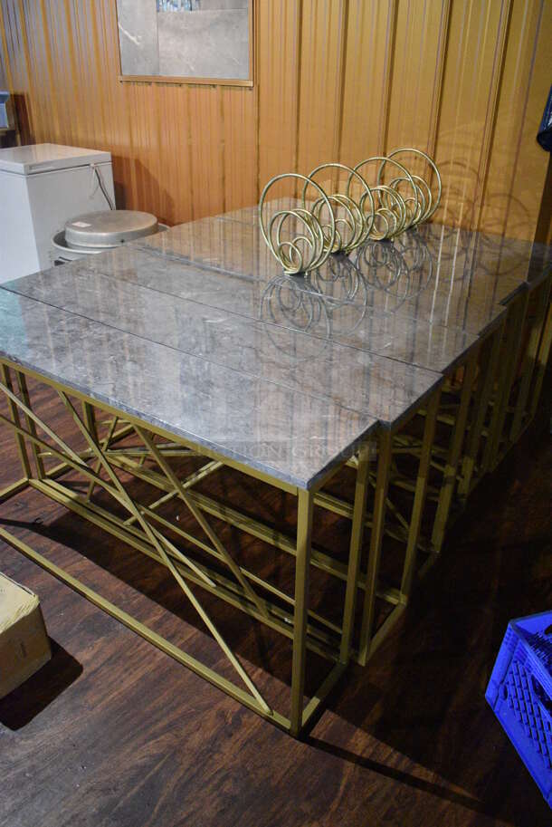 7 Gold Finish Metal Tables w/ Stone Pattern Tabletop. 4 Have Extra Decorative Item. 52x10x29, 12x4x12. 7 Times Your Bid! (lounge) - Image 3 of 4