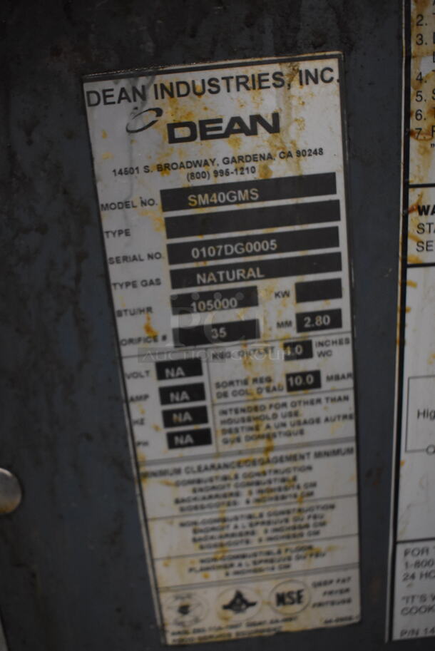 Dean SM40GMS Stainless Steel Commercial Natural Gas Powered Single Bay Deep Fat Fryer w/ 2 Metal Fry Baskets, 2 Lids, Left Side Dumping Station on Commercial Casters. 105,000 BTU. 31x30x51 - Image 7 of 7