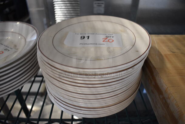 20 White Ceramic Plates w/ Red Line on Rim. 7.75x7.75x1. 20 Times Your Bid!