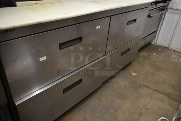 2011 Delfield UCD4464N-12-DD5 Stainless Steel Commercial Sandwich Salad Prep Table Bain Marie Mega Top w/ 4 Drawers and Over Shelf. 115 Volts, 1 Phase. Tested and Working! - Image 6 of 8