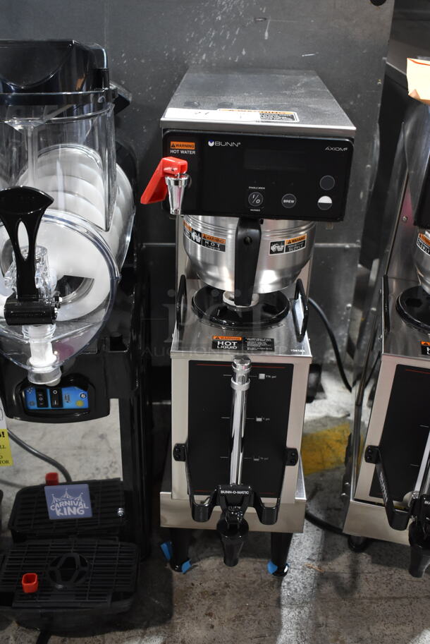 BRAND NEW SCRATCH AND DENT! 2024 Bunn SINGLE AXIOM 15 Stainless Steel Commercial Countertop Single 1 Gallon Coffee Brewer w/ Hot Water Dispenser, Metal Brew Basket and Server Satellite. 120 Volts, 1 Phase.  - Image 2 of 8