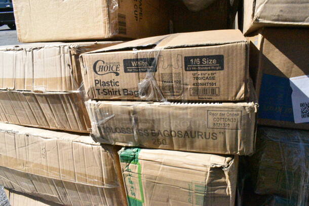20 BRAND NEW Boxes Including 130SCB048DL Visions Clear PET Plastic Dome Lid for 24, 32, and 48 oz. Square Bowls - 300/Case, Herc 5014347M15 Lavex Li'l Herc 56 Gallon 1.5 Mil 43" x 47" Low Density Medium-Duty Black Can Liner / Trash Bag - 100/Case, 5001RT350N Lavex Natural Kraft Hardwound Paper Towel, 350 Feet / Roll - 12/Case, 3 Box 395RP09 EcoChoice Compostable Sugarcane / Bagasse 9" Plate - 500/Case, 433NHT101 Choice 1/6 Standard Size White "Thank You" Medium-Duty Plastic T-Shirt Bag - 1000/Case, 3 Box 760SOUP16WB Choice 16 oz. White Double Poly-Coated Paper Food Cup - 500/Case, Dart 16MJ20 16 oz. Medium Squat White Customizable Foam Food Container, 500TW5 Choice 5 oz. Translucent Thin Wall Plastic Cold Cup - 2500/Case. 20 Times Your Bid!  - Image 8 of 12