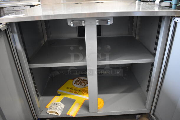 Duke Model SUB-P-36M Stainless Steel Commercial Counter w/ 2 Wood Pattern Doors and Backsplash. 36x30x40 - Image 6 of 6