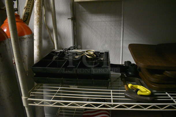White Finish 5 Tier Wire Shelving Unit w/ Contents Including Paint, Boards and Sugar Caddies. BUYER MUST REMOVE. BUYER MUST DISMANTLE. PCI CANNOT DISMANTLE FOR SHIPPING. PLEASE CONSIDER FREIGHT CHARGES. 48x18x75. (kitchen) - Image 5 of 8