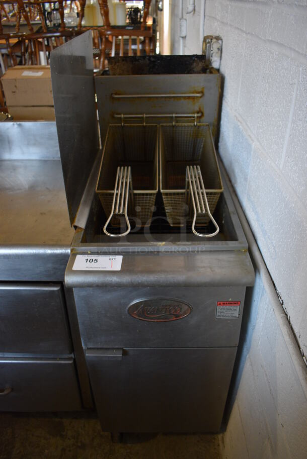 2016 Pitco Frialator FF400-N Stainless Steel Commercial Natural Gas Powered Deep Fat Fryer w/ 2 Metal Fry Baskets and Splash Guard on Commercial Casters. 120,000 BTU. 15.5x30x50