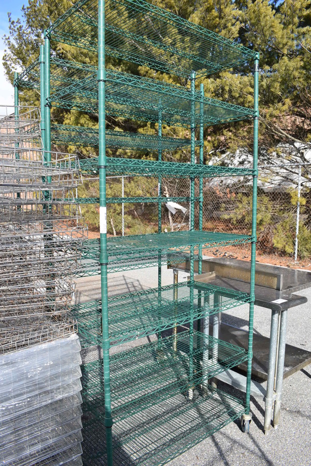 Green Finish 7 Tier Wire Shelving Unit on Commercial Casters. BUYER MUST DISMANTLE. PCI CANNOT DISMANTLE FOR SHIPPING. PLEASE CONSIDER FREIGHT CHARGES. 42x21x91 - Image 1 of 3