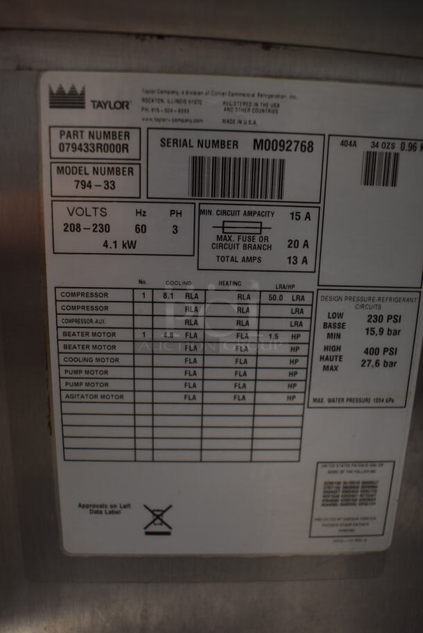 2010 Taylor 794-33 Commercial Stainless Steel Water Cooled 2 Hopper Soft Serve Ice Cream Machine On Commercial Casters. 208-230V, 3 Phase.  - Image 7 of 7