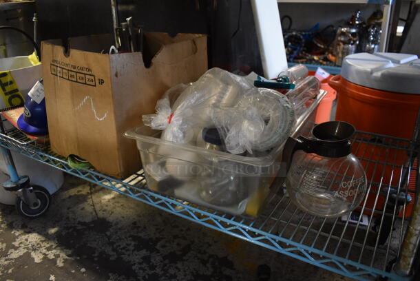 ALL ONE MONEY! Tier Lot of Various Items Including Plastic Lids, Coffee Pot, Hard Hat and Metal Bins - Image 2 of 9