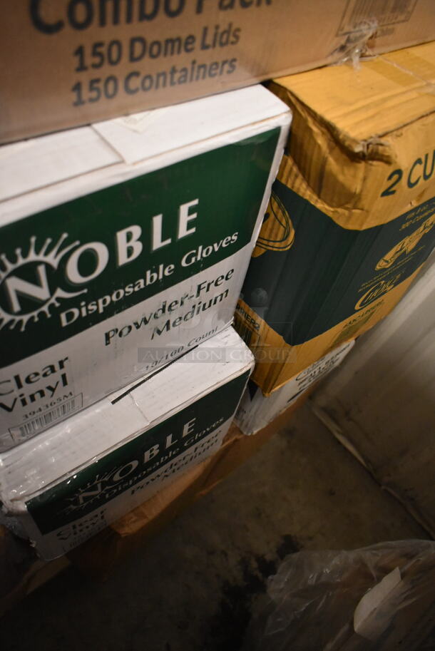 PALLET LOT of 25 BRAND NEW Boxes Including 433CARRIER Pulp Fiber 4 Cup Carrier, 394365M Noble Medium Gloves, 2 Box 128HD32BULK ChoiceHD 32 oz. Microwavable Translucent Plastic Deli Container - 480/Case, 5013858 Lavex Li'l Herc 55-60 Gallon 1.2 Mil 38" x 58" Low Density Medium-Duty Black Trash Bag / Can Liner - 100/Case, 129MCS38B Choice 38 oz. Black Rectangular Microwavable Heavy Weight Container with Lid 8 3/4" x 6 1/4" x 2" - 150/Case, 500CC12 Choice Clear PET Customizable Plastic Cold Cup - 12 oz. - 1000/Case, 500CFT Lavex White C-Fold Standard Weight Towel - 2400/Case, 127DM16BULK Choice 16 oz. Ultra Clear PET Plastic Round Deli Container - 500/Case, 129MCS28B Choice 28 oz. Black Rectangular Microwavable Heavy Weight Container with Lid 8 3/4" x 6 1/4" x 1 3/4" - 150/Case, 795PTOKFT3 Choice Kraft Microwavable Folded Paper #3 Take-Out Container 7 3/4" x 5 1/2" x 2 1/2" - 200/Case, 128HD12COMBO ChoiceHD 12 oz. Microwavable Translucent Plastic Deli Container and Lid Combo Pack - 240/Case, 274MBCKT26BK Lavex 26 Qt. Black Mop Bucket and Side Press Wringer Combo. 25 Times Your Bid!  - Image 2 of 12