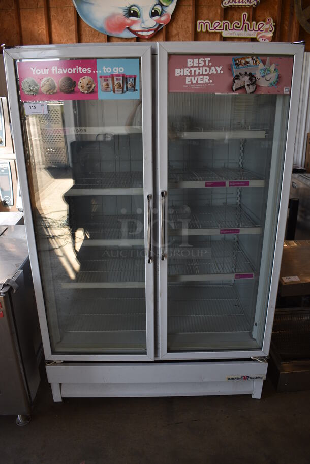 National Model ULG50BCP-6 Metal Commercial 2 Door Reach In Freezer Merchandiser w/ Poly Coated Racks. 115/208-230 Volts, 1 Phase. 51x35x80