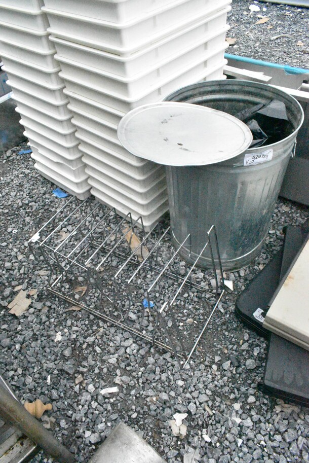 ALL ONE MONEY! Lot of Various Items Including Metal Trash Can, 39 Metal Round Baking Pans, Metal Rack.  - Image 1 of 6