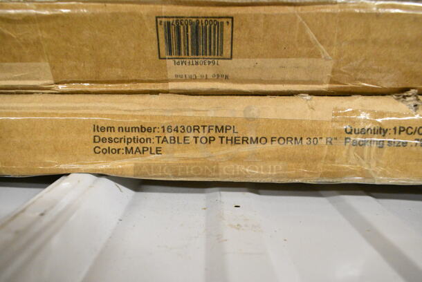 3 Box of 4 BRAND NEW SCRATCH AND DENT! Lancaster Table & Seating 16430RTFMPL 30" Round Thermo-Formed MDF Table Top with Maple Finish. 3 Times Your Bid!  - Image 3 of 5