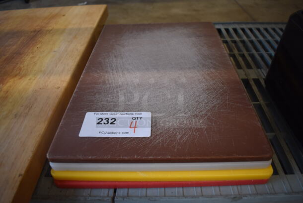4 Cutting Boards; Brown, White, Yellow and Red. 12x18x0.25. 4 Times Your Bid!