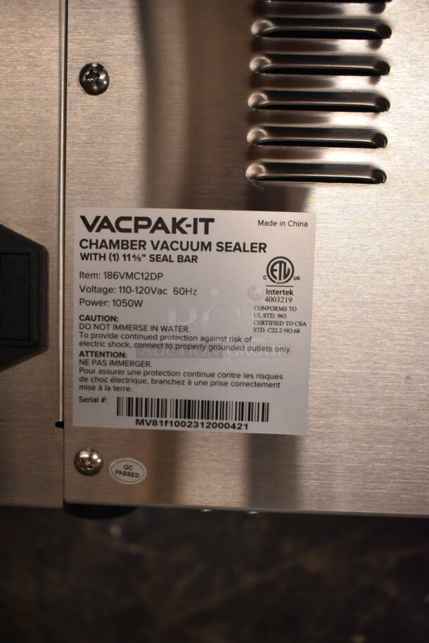 BRAND NEW SCRATCH AND DENT! VacPak-It 186VMC12DP Stainless Steel Commercial Countertop Vacuum Sealer. 110-120 Volts, 1 Phase. Tested and Working! - Image 4 of 4