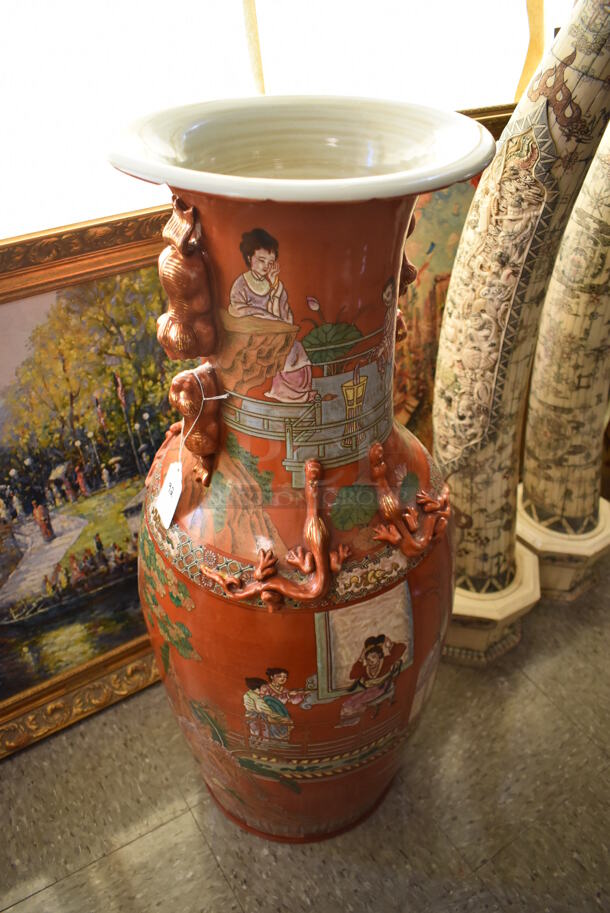 Ornate Asian Style Vase w/ Dragon Motif and Lion Handles. - Image 3 of 8