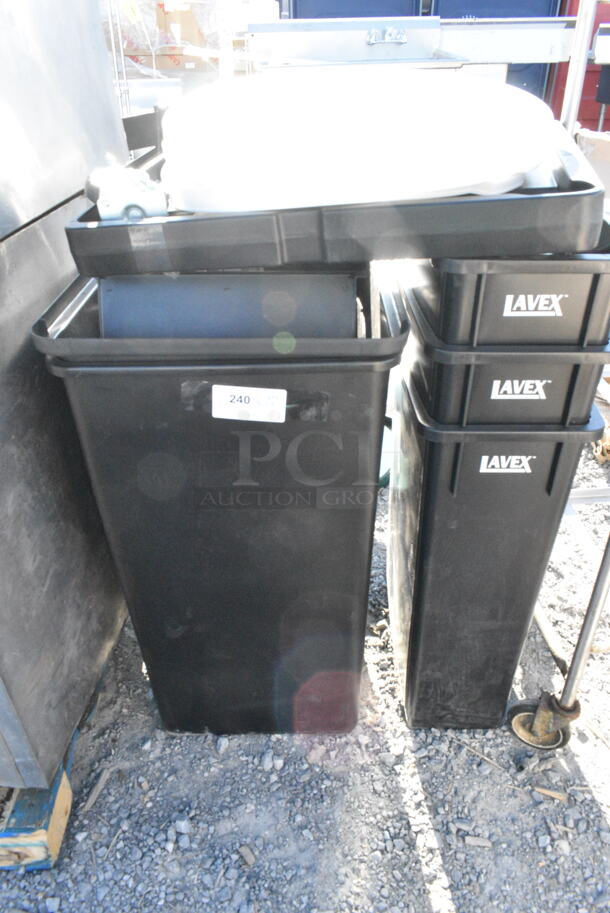 4 Various Black Poly Trash Cans Including 3 Lavex Slim Jim. 4 Times Your Bid!  - Image 1 of 4