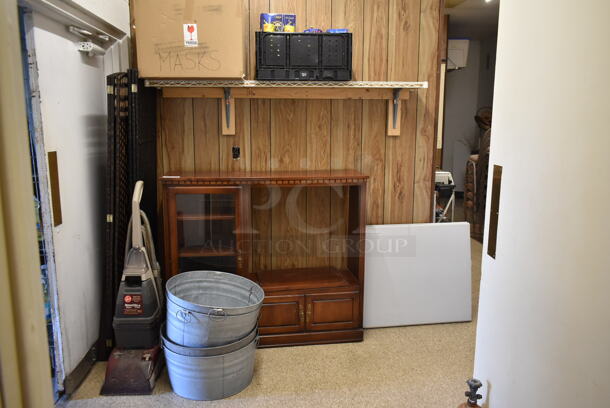 ALL ONE MONEY! Lot of TV Stand, Floor Cleaner and Metal Tubs. BUYER MUST REMOVE. (hallway)