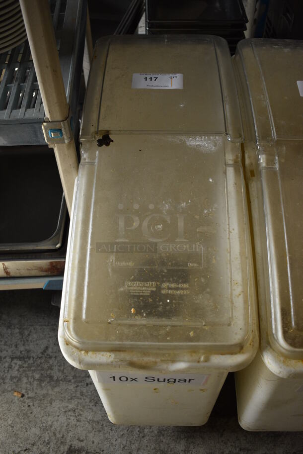 Continental White Poly Ingredient Bin w/ Clear Lid on Commercial Casters. 12.5x30x27.5