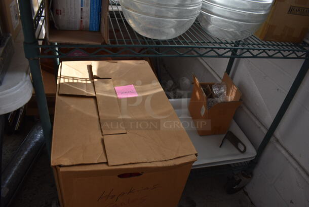ALL ONE MONEY! Lot of Green Finish 5 Tier Shelving Unit on Commercial Casters w/ Contents Including Glass Bottles, Glass Bowls, Metal Baskets, Ceramic Bowl, Fabric, Decaf Coffee Blend. BUYER MUST DISMANTLE. PCI CANNOT DISMANTLE FOR SHIPPING. PLEASE CONSIDER FREIGHT CHARGES. 36x18x92 - Image 2 of 12