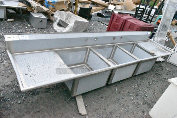 BRAND NEW SCRATCH AND DENT! Regency 600S32424224 Spec Line 124" 14 Gauge Stainless Steel Three Compartment Commercial Sink with 2 Drainboards - 24" x 24" x 14" Bowls. No Legs.  - Image 2 of 10
