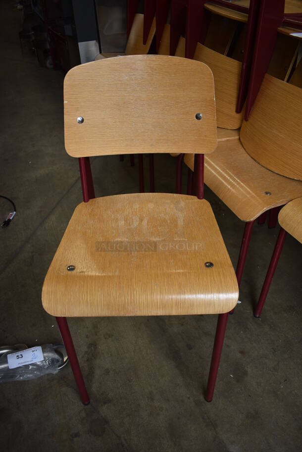 4 Wood Pattern Chairs w/ Red Metal Frame. 16x19x33. 4 Times Your Bid! - Image 2 of 3