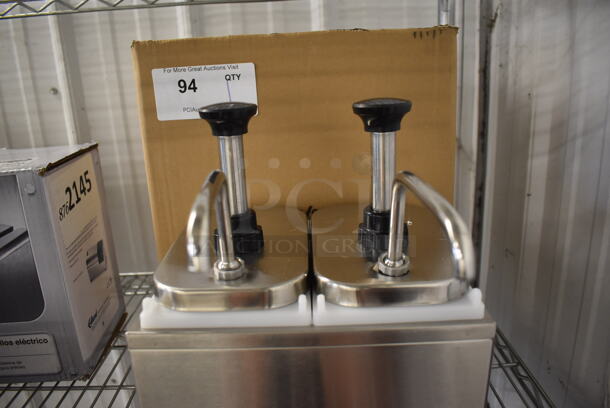 BRAND NEW IN BOX! ServSense Stainless Steel Double 2 Qt. Condiment Dispenser w/ 2 Pump Tops. 10x12x13 - Image 4 of 7