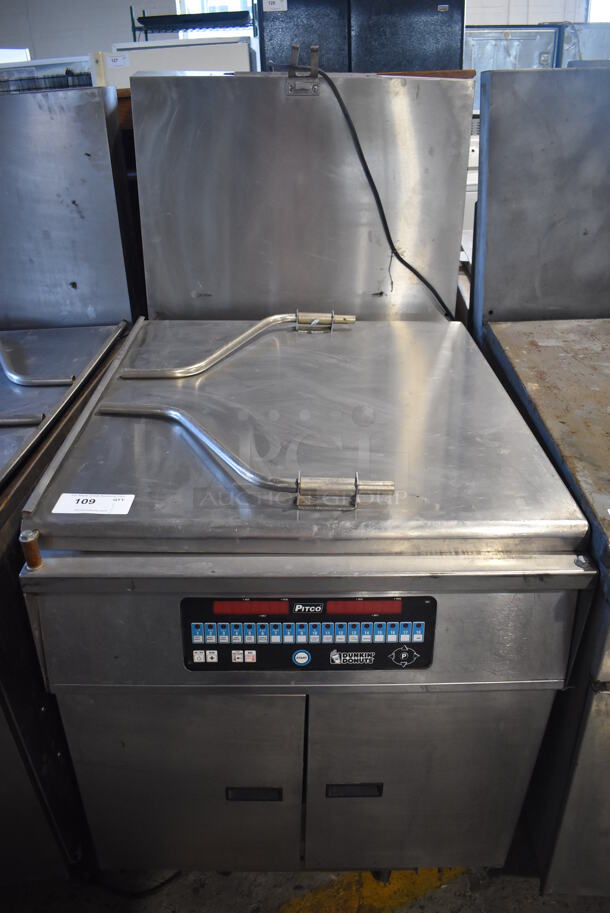 2013 Pitco Frialator DD24RUFM Stainless Steel Commercial Natural Gas Powered Donut Fryer w/ Grease Trap. 72,000 BTU. 29x43x56
