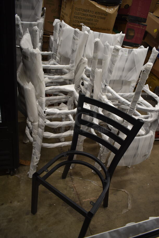 12 BRAND NEW SCRATCH AND DENT! Black Metal Dining Height Ladder Back Chairs. 12 Times Your Bid!