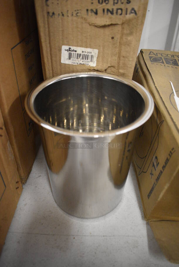 6 BRAND NEW IN BOX! Update Stainless Steel Cylindrical Drop In Bins. 6x6x7. 6 Times Your Bid!
