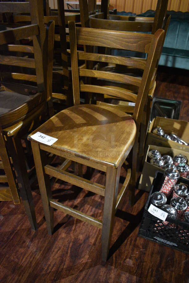 4 Wooden Bar Height Chairs w/ Horizontal Back Rest Bars. 16x16x45. 4 Times Your Bid! (lounge) - Image 2 of 5