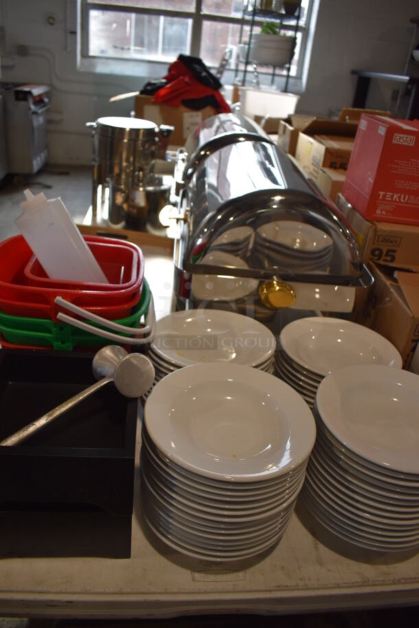 ALL ONE MONEY! Lot of Items on Tabletop Including Chafing Dishes, Poly Buckets, Ceramic Pasta Plates, Tray, Glass Bowls - Image 2 of 12