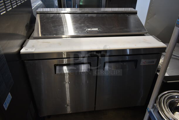 2017 Saturn FB48-12 Stainless Steel Commercial Sandwich Salad Prep Table Bain Marie Mega Top w/ Back Splash on Commercial Casters. 115 Volts, 1 Phase. Tested and Working!