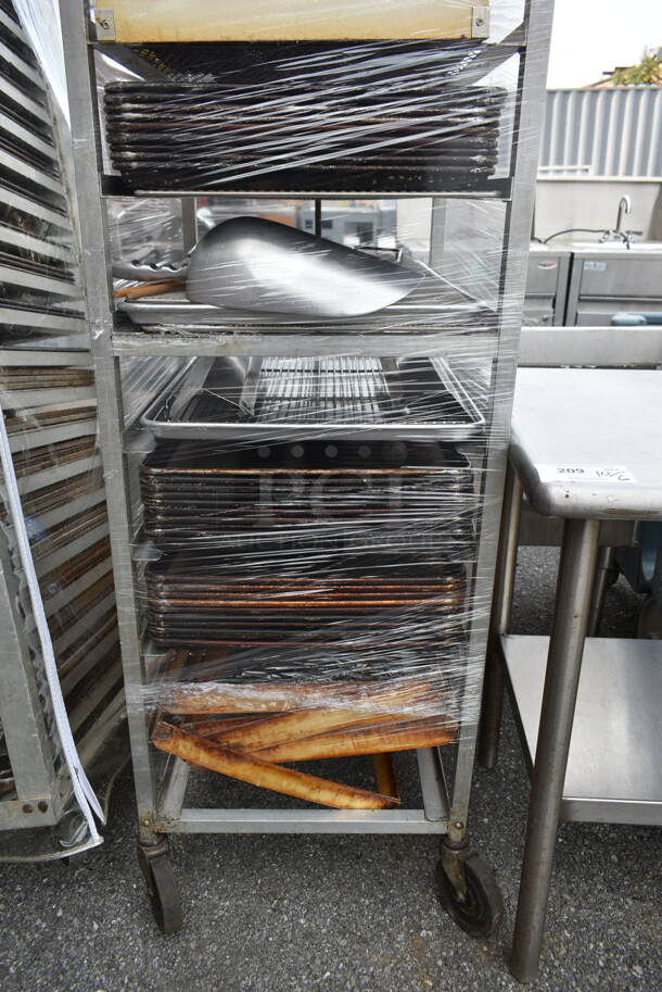 Metal Commercial Pan Transport Rack w/ Contents Including 20 Metal Baking Pans on Commercial Casters.  - Image 4 of 4