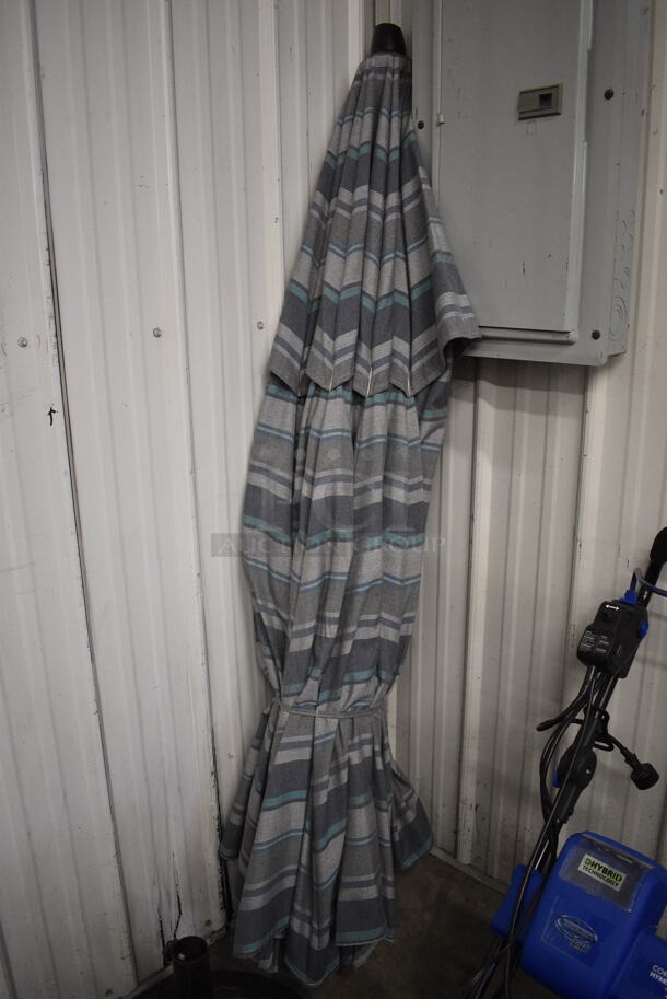 Gray and Blue Patio Umbrella and Black Metal Base. 18x18x14, 74" - Image 3 of 3